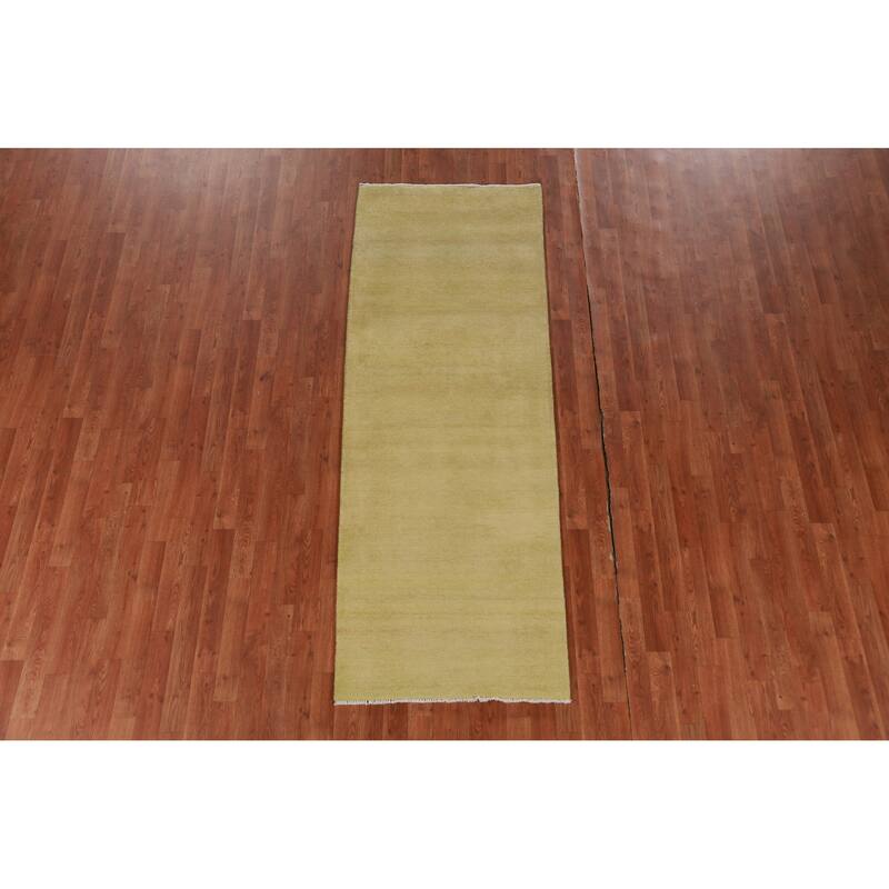 Hand Knotted Oriental 100% Wool Carpet Modern Solid Green Gabbeh Runner Rug - 8' 0'' X 2' 10''