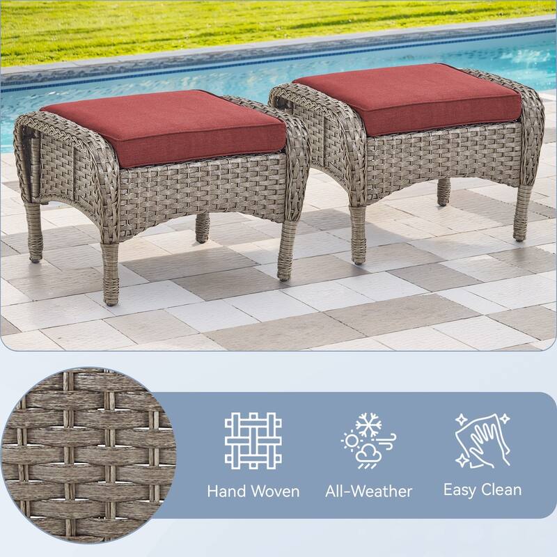 Gymojoy Versatile Outdoor Wicker Ottomans with Soft Cushions