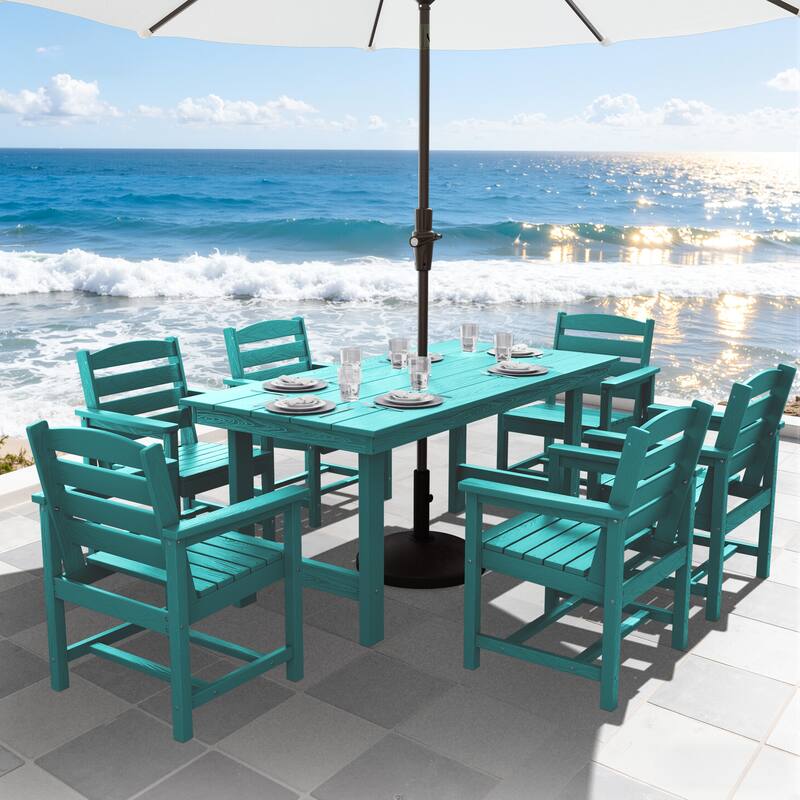 7-Piece HDPE Outdoor Dining Table Sets with Umbrella Hole - 1-Table 6-Chairs