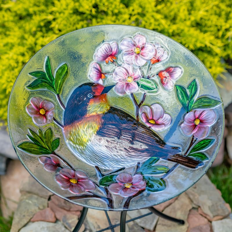 18" Glass Bowl Robin Birdbath with Metal Stand "Michigan" - Multi