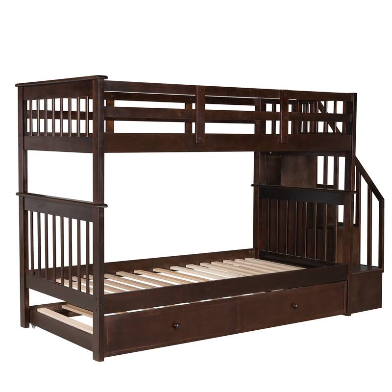 Twin Over Twin Bunk Bed with Trundle, Detachable Wood Triple Bedframe