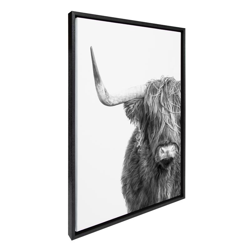 Kate and Laurel Sylvie BW Highland Cow 1 Framed Canvas by Amy Peterson - 23x33 - Black