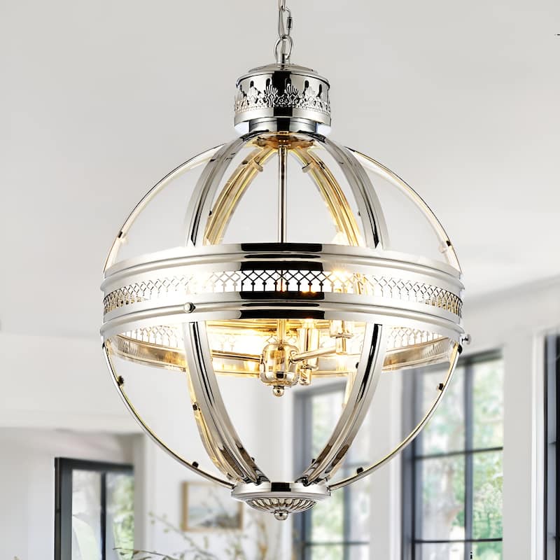 Victorian Chrome Glass Ornament Pendant, Entryway Globe Dimmable Chandelier, Medieval Hotel & Ancient Times Style - Chrome