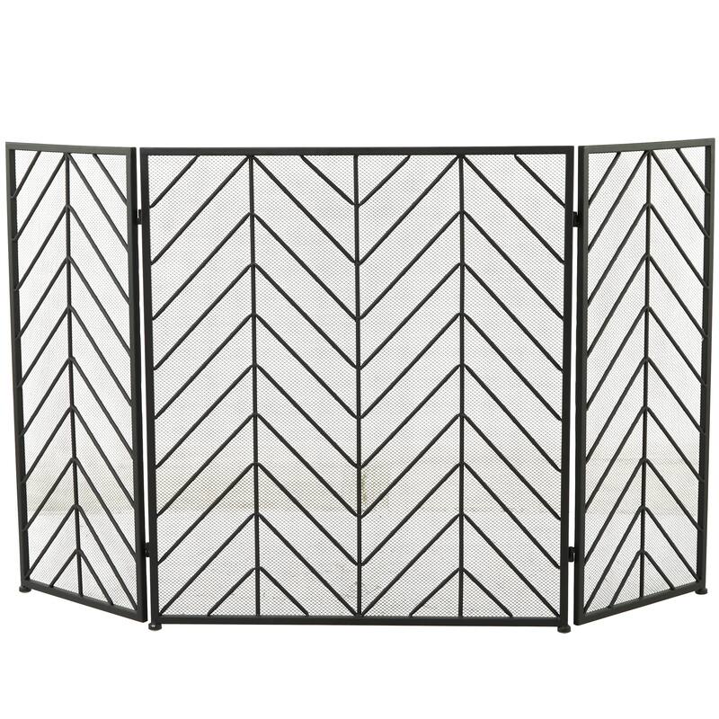 Gold Metal Foldable Mesh Netting 3 Panel Geometric Fireplace Screen with Chevron Pattern