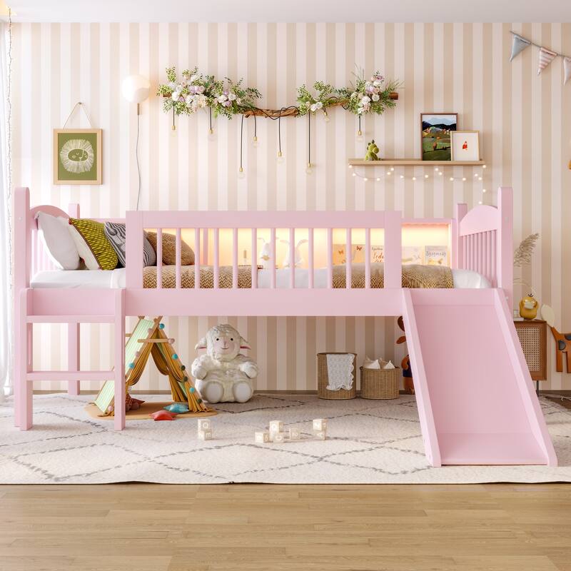 Twin Loft Bed with Storage Shelves, LED Lights & Guardrails