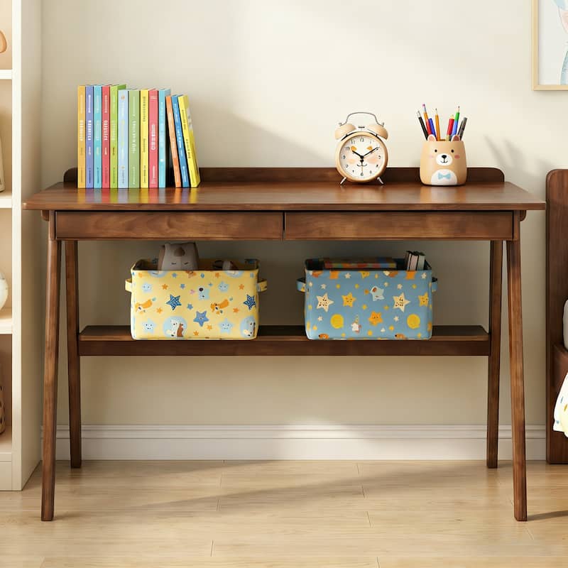 Solid Wood Writing Desk, Home Office Desk for Small Spaces, Mid Century Modern Desks with 2 Drawers & Storage Shelf