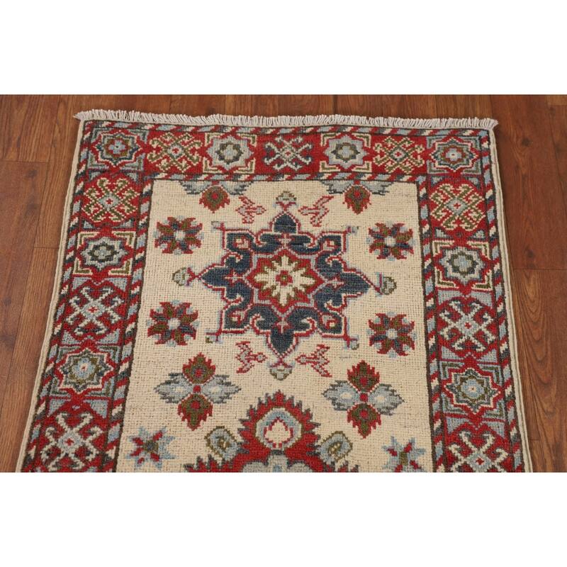 Geometric Kazak Oriental Runner Rug Hand-Knotted Hallway Wool Carpet - 2'0" x 5'10"