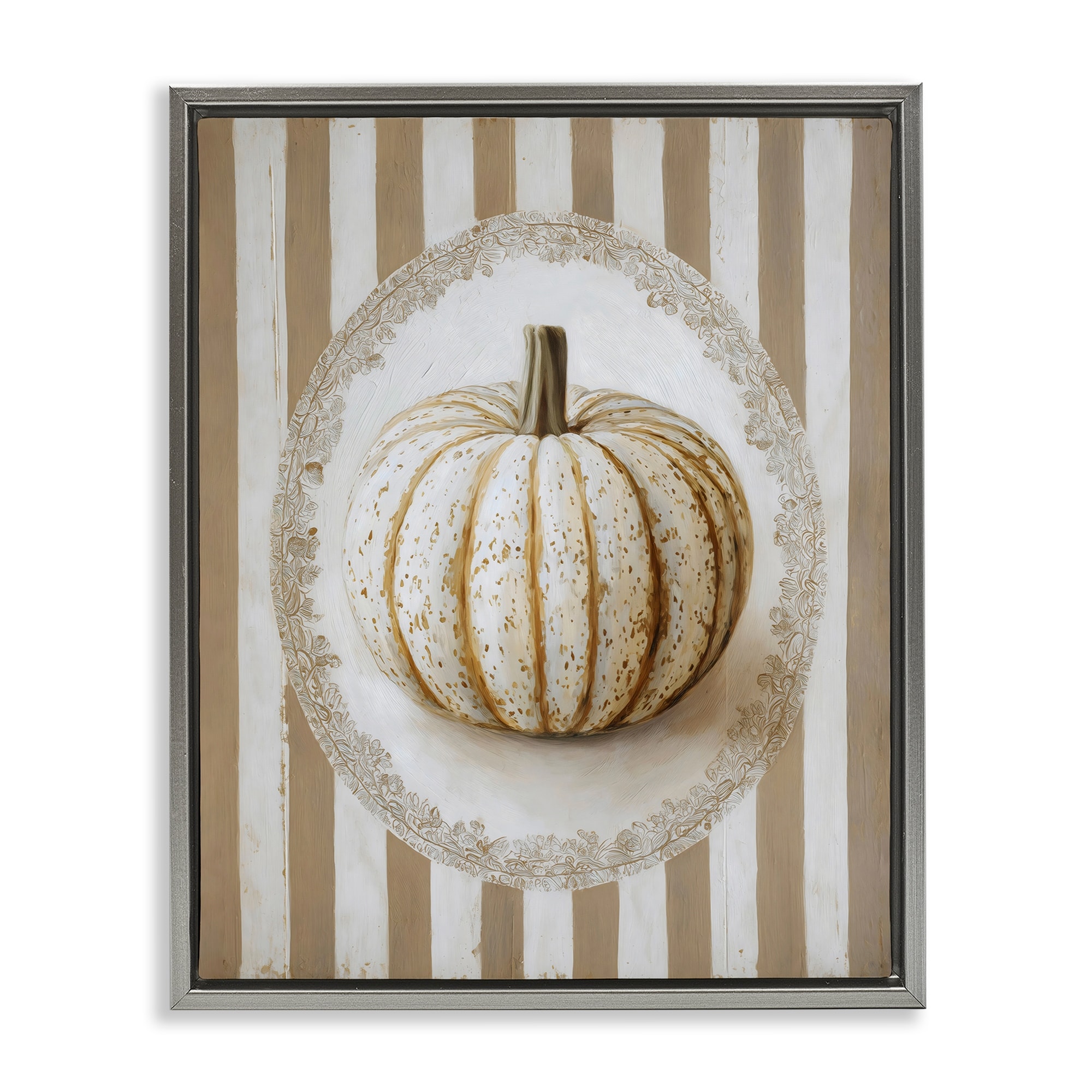 Stupell Beige Stripes Pumpkin Framed Floater Canvas Wall Art Design By Arlington Prints