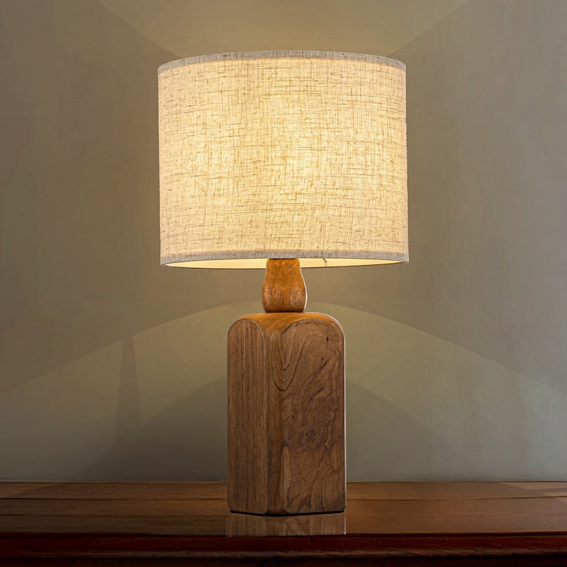 18''/22''Farmhouse Traditional Natural Solid Wood Table Lamp with Beige Fabri Drum Shade for Bedroom Living Room