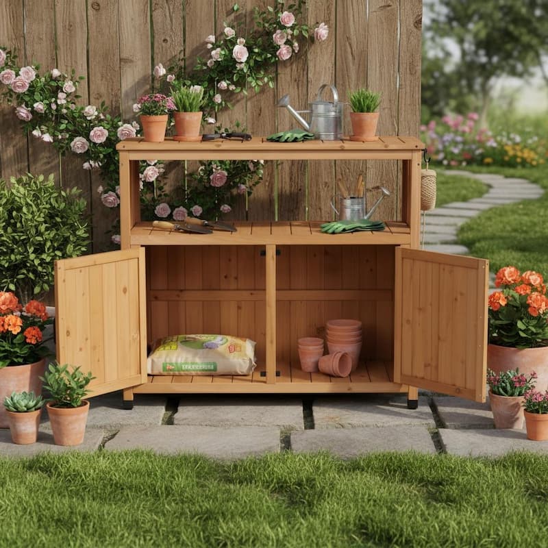 Wood Patio Bar Cabinet, Rustic Cedar Buffet Table with Storage, All-Weather Indoor/Outdoor Multi-Purpose Sideboard