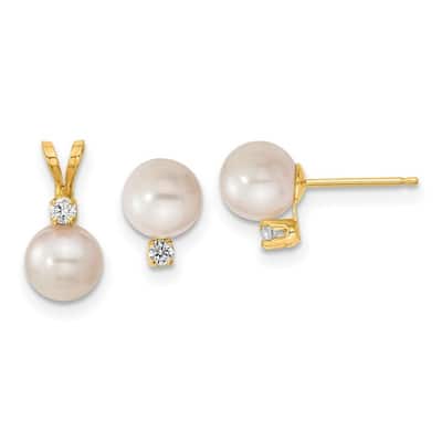 Curata 14k Yellow Gold 6-6.5mm Freshwater Cultured Pearl and Dmond Earrings Pendant Necklace