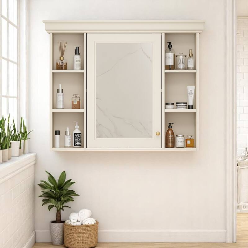 Modern 35" Bathroom Wall Cabinet with Mirror, 6 Shelves for Storage, Over Toilet Cabinet - Beige
