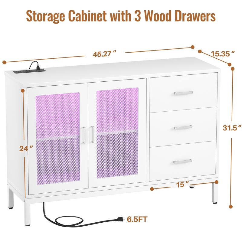 45'' W Accent Cabinet with Drawers and Charge Station, Storage Sideboard with LED Light