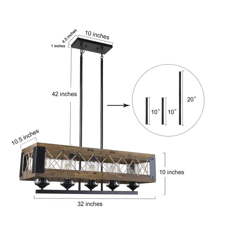 Farmhouse 5-Light Wood Chandelier Rustic Linear Island Lights