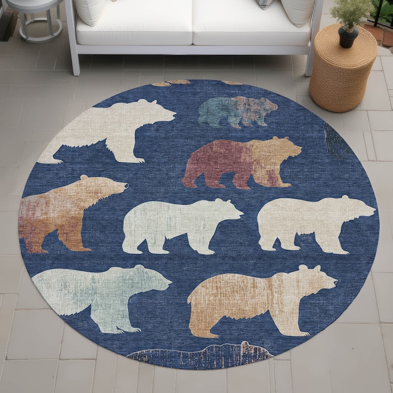 Machine Washable Indoor/ Outdoor Modern Bear Chantille Rug - Navy - 8' x 8'