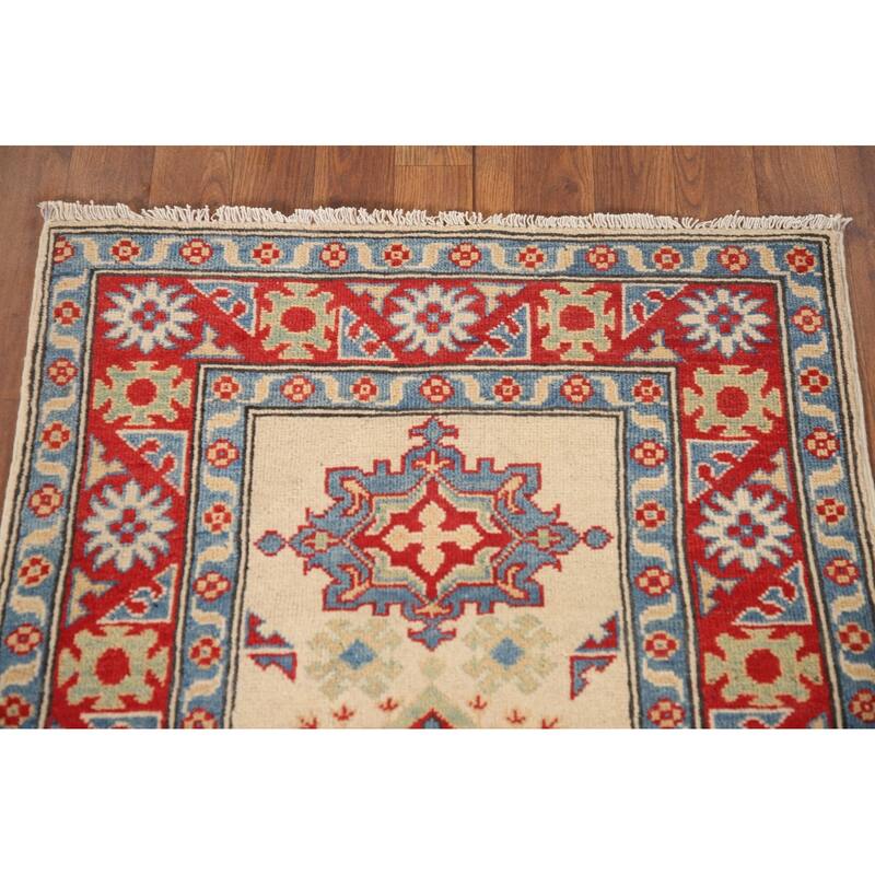 Geometric Grey Kazak Foyer Rug Hand-Knotted Wool Carpet - 2'6" x 3'11"