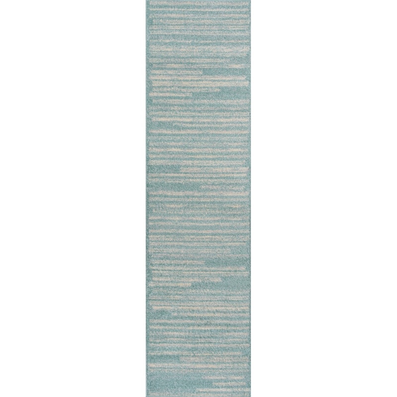 JONATHAN Y Aksil Modern Berber Stripe Area Rug - 2 X 8 - Turquoise/Cream