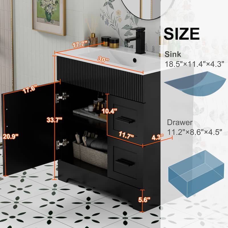 30"/36"/48" Single Bathroom Vanity Set with Drop in Sink Top with Wave Lines