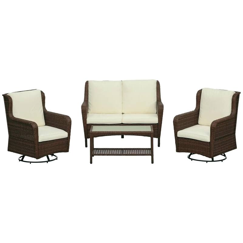 4PCS Rocking PE Rattan Patio Set,Loveseat Teak Table,Weatherproof