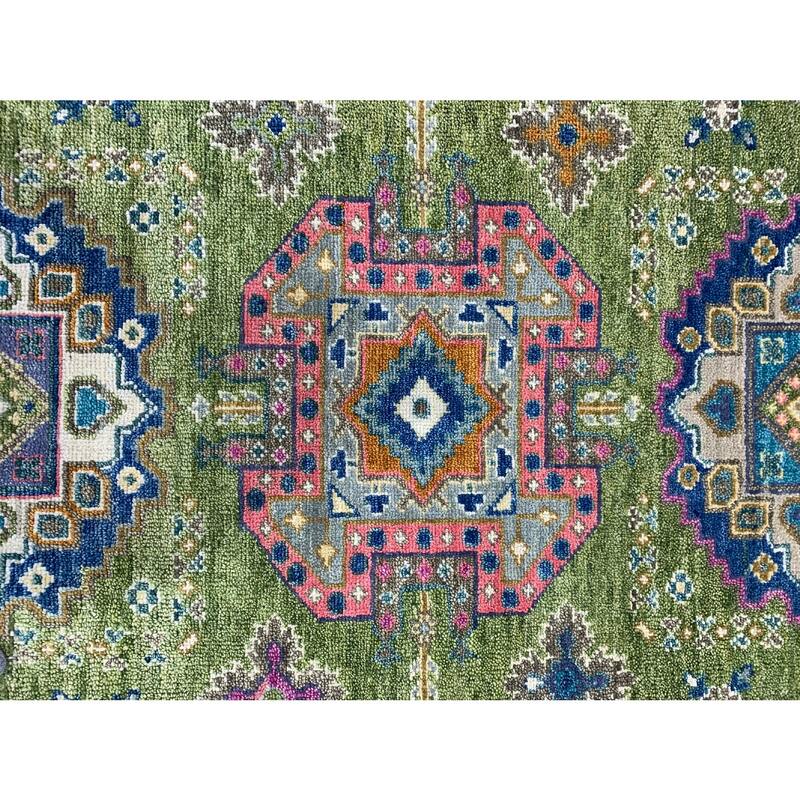 Pale Green Light Fuchsia Hand Knotted Wool Traditional Rug 9' x 12' - Ornamental Medallion 0.5" Pile - N/A