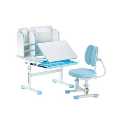 Blue Height Adjustable Study Desk and Chair Set for Kids with Drawer and Steel Hook Storage