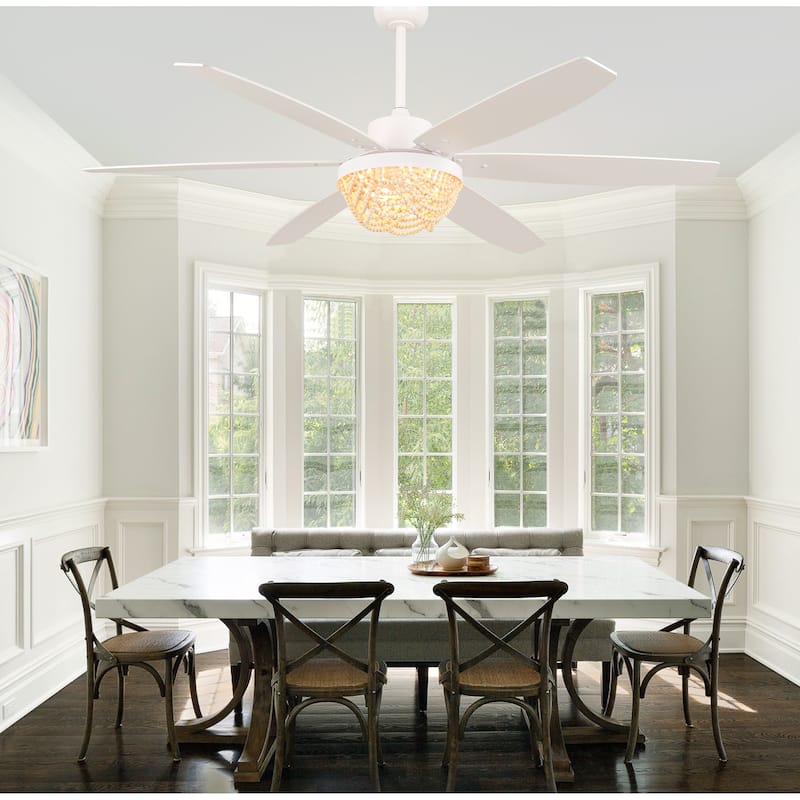 Bella Depot 65" Bohemia Large White Ceiling Fan with Light and Remote 6-Speed Modern Chandelier Fan Wood Bead Shade