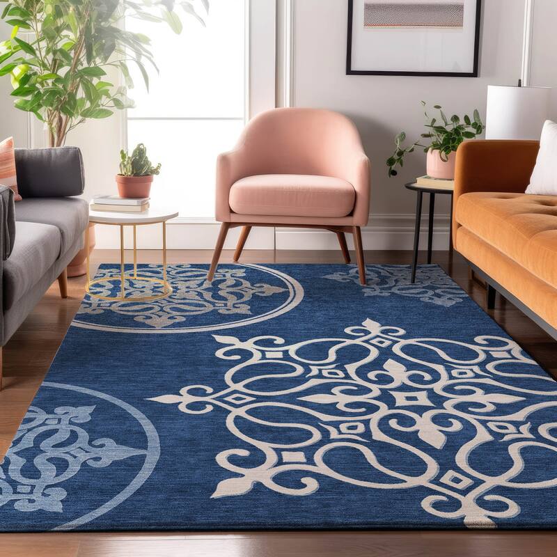 Premium Washable Super Soft Transitional Scroll Mayfield Rug - Navy - 9' x 12'