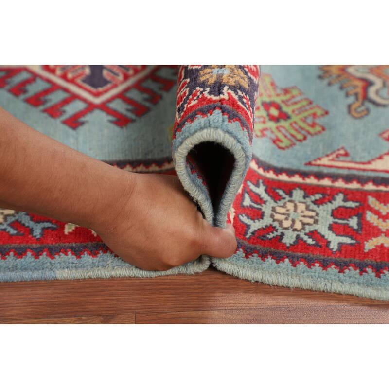 Light Blue Geometric Kazak Foyer Rug Hand-Knotted Oriental Wool Carpet - 3'5" x 4'10"