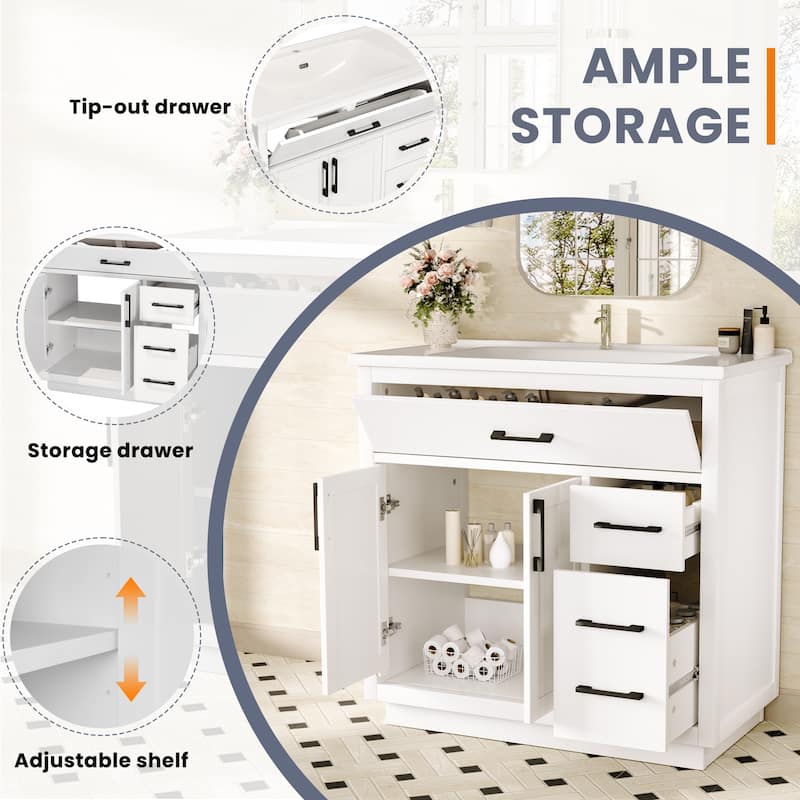 36" Free-Standing Bathroom Vanity with Marble Countertop-Soft-Close Drawers & Cabinet