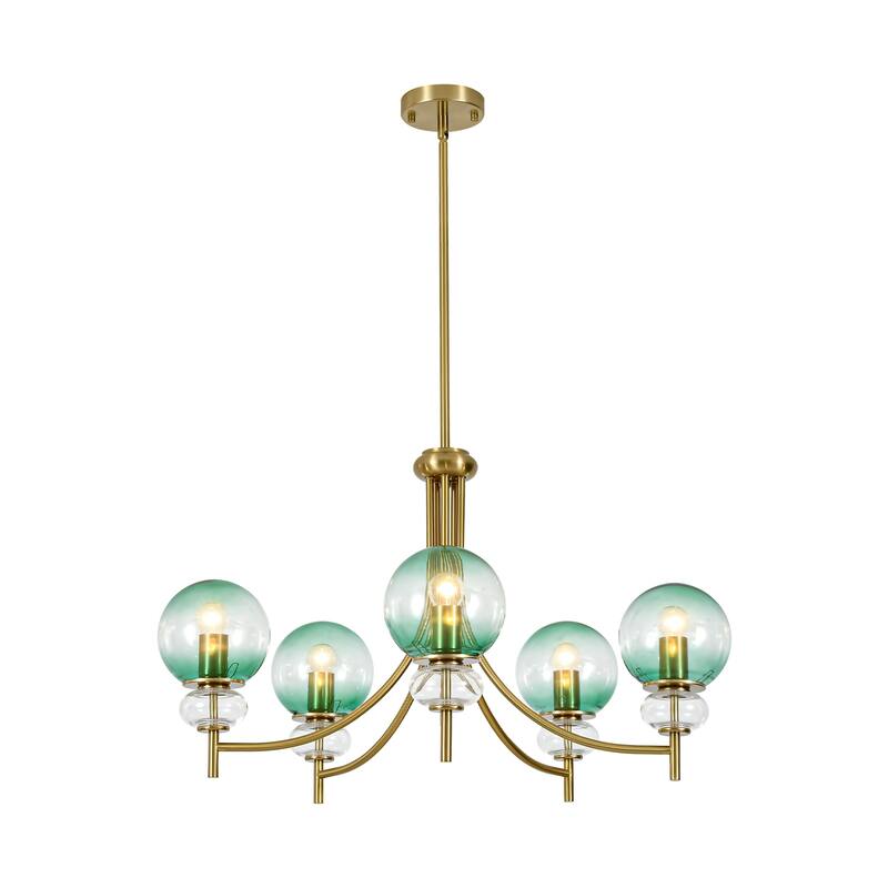 5-Light Mid-Century Modern Luxury Green Sputnik with Open/Bubble Glass Globe Shades Chandelier for Dining Room, Living Room