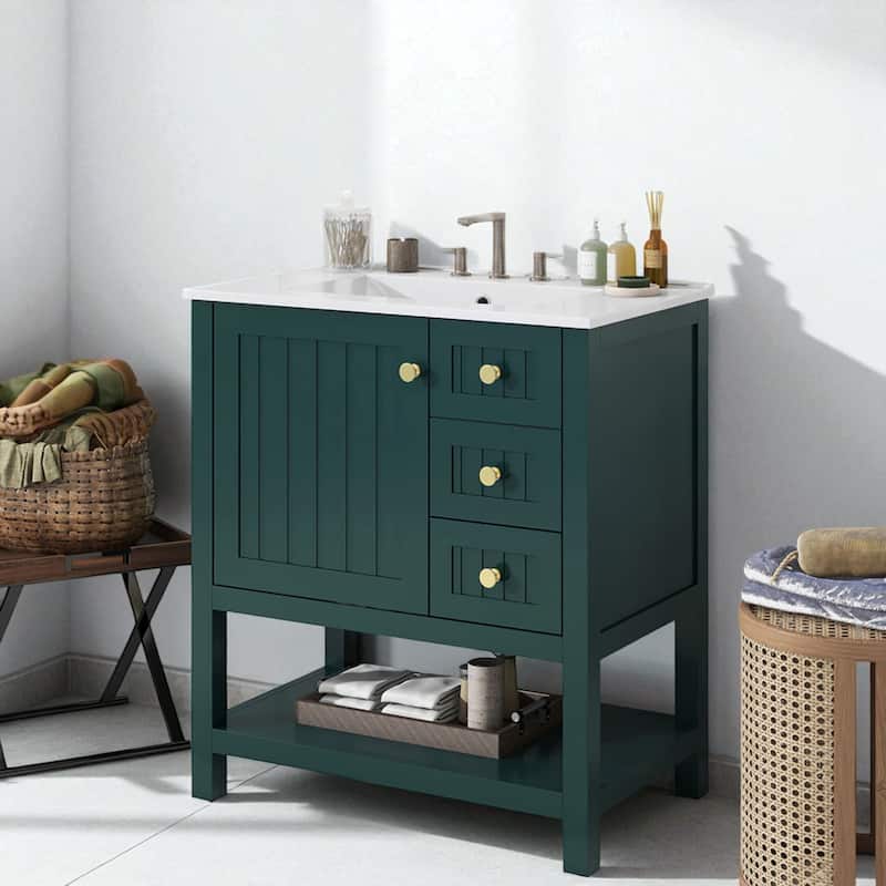 30 Inch Transitional Bathroom Vanity with Ceramic Sink, Solid Wood Cabinet, Soft-Close Doors and Drawers