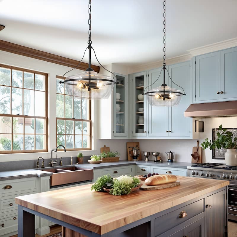 Zelena Modern Farmhouse 3-Light Black Chandelier Fishbowl-Shaped Glass Pendant Lights for Dining Room