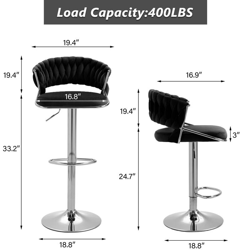 Set of 2 Modern Velvet Adjustable Bar Stools with Backs