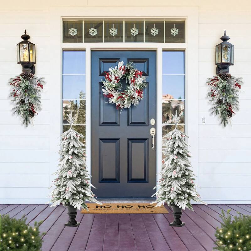 Glitzhome Artificial Christmas 5-Piece Set, 4ft Snow Flocked Artificial Potted Trees, Pinecone Berry Wreath and Teardrops