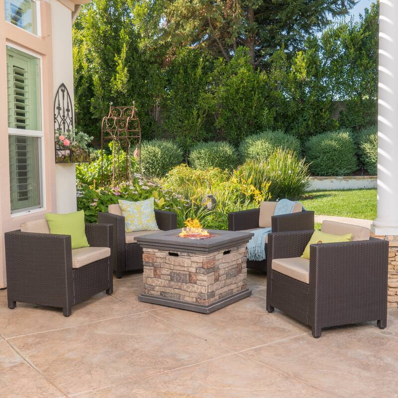 Puerta Outdoor 5-piece Club Chair and Fire Pit Set by Christopher Knight Home - Dark Brown + Beige + Stone