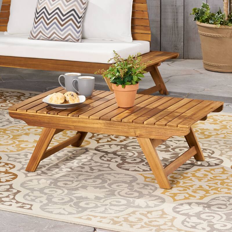 Roomfitters Outdoor Acacia Wood Coffee Table, Slatted Top with Angled Legs, Weather-Resistant Patio Accent, Teak - Natural
