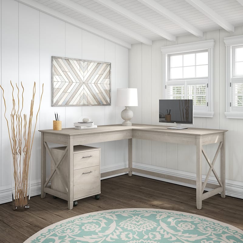 Key West 60W L Shaped Desk with Mobile File Cabinet by Bush Furniture - Washed Gray