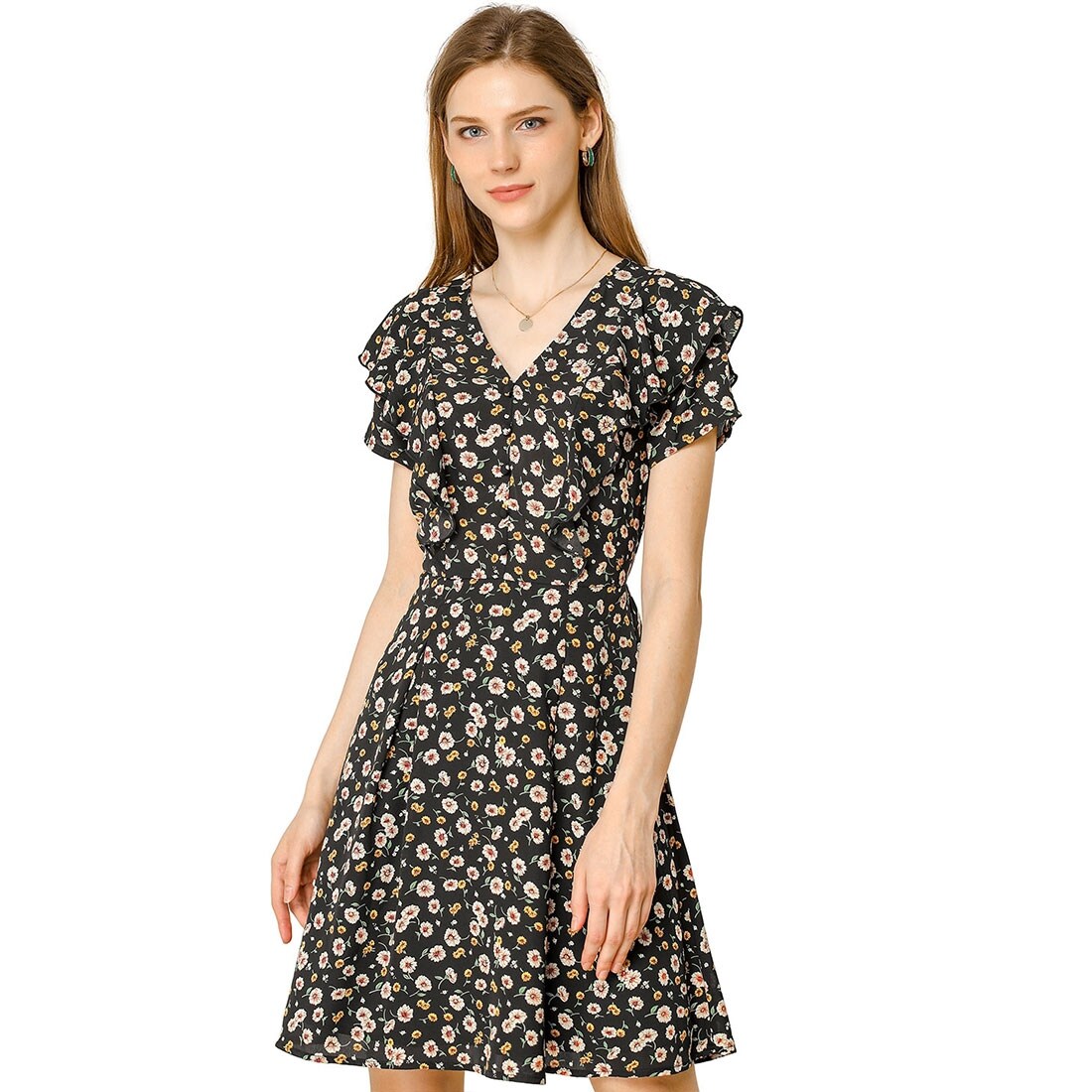 black v neck ruffle dress