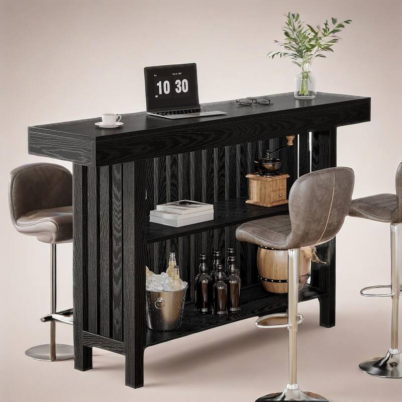Modern Black MDF Home Bar Table with Storage Shelves and Footrest for Dining Room - 62.99”L x 15.75”W x 41.53”H