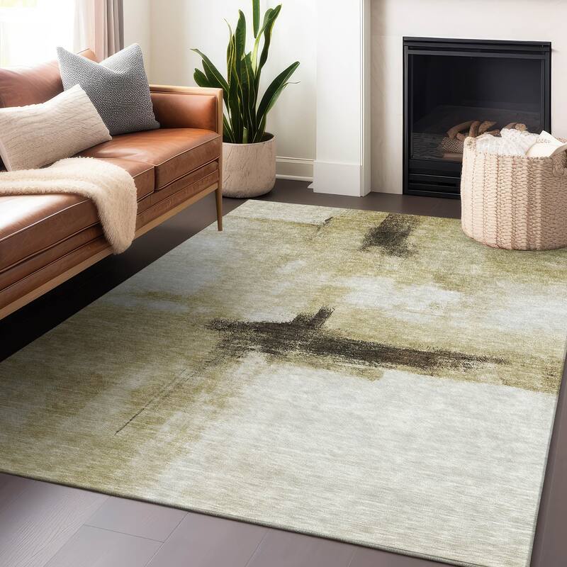 Machine Washable Indoor/ Outdoor Contemporary Abstract Chantille Rug - Wheat - 8' x 10'