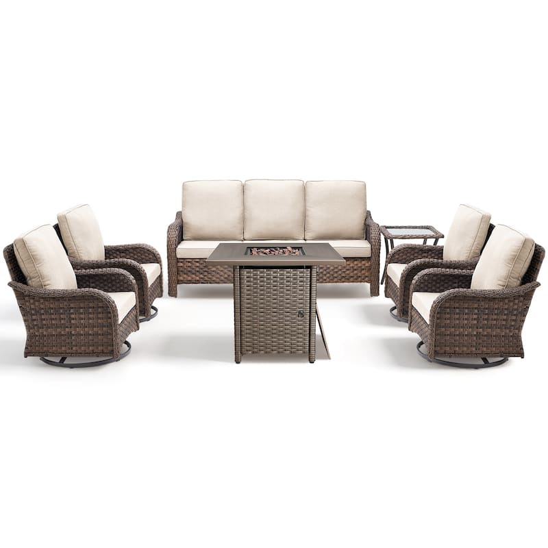 Pocassy Patio Sofa Swivel Chair with Fire Table Funiture Set