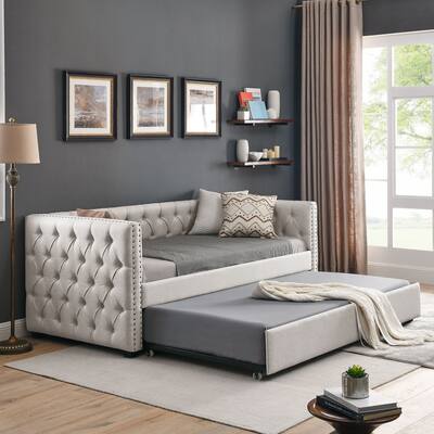 Upholstered Tufted Sofa Bed & Trundle, with Button and Copper Nail on Square Arms