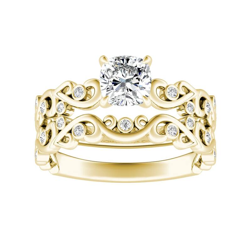 Auriya 1ct Vintage Cushion-cut Moissanite and Diamond Engagement Ring Set 14k Gold - Yellow - 7.5