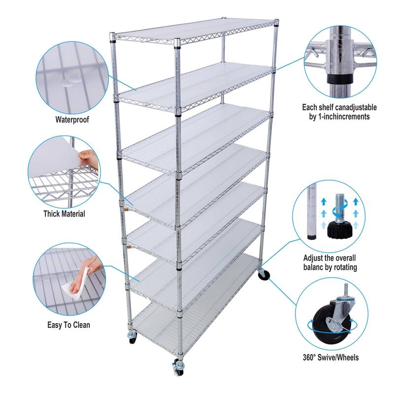 7 Tier 2450lbs Capacity Adjustable Metal Storage Rack with Wheels