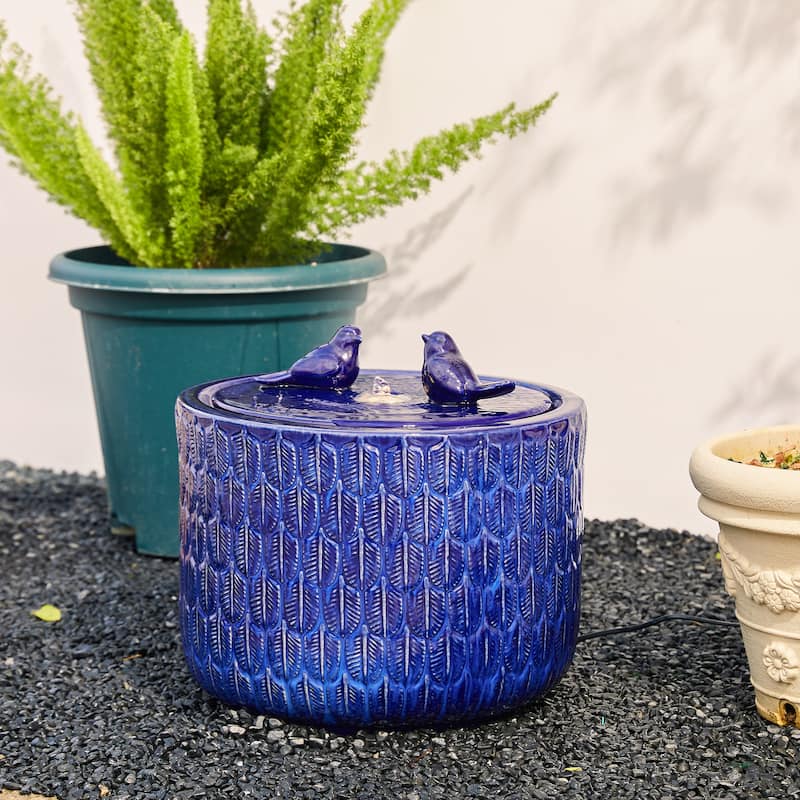 Glitzhome 15"H LED Ceramic Birdbath Outdoor Fountain with Two Birds & Leaf Pattern