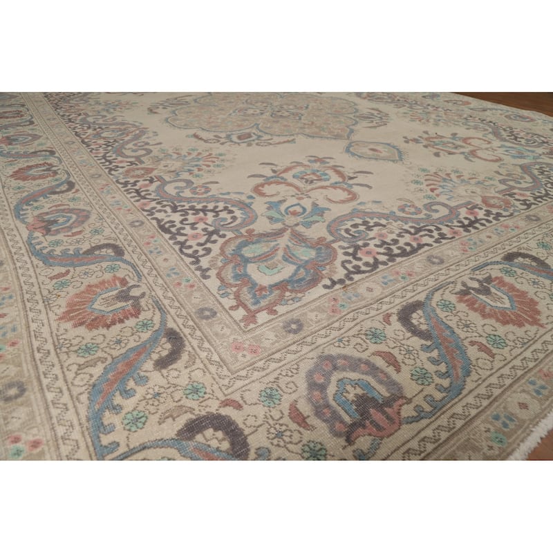 Medallion Tabriz Persian Area Rug Beige Hand-Knotted Wool Carpet - 9'5"x 12'3"