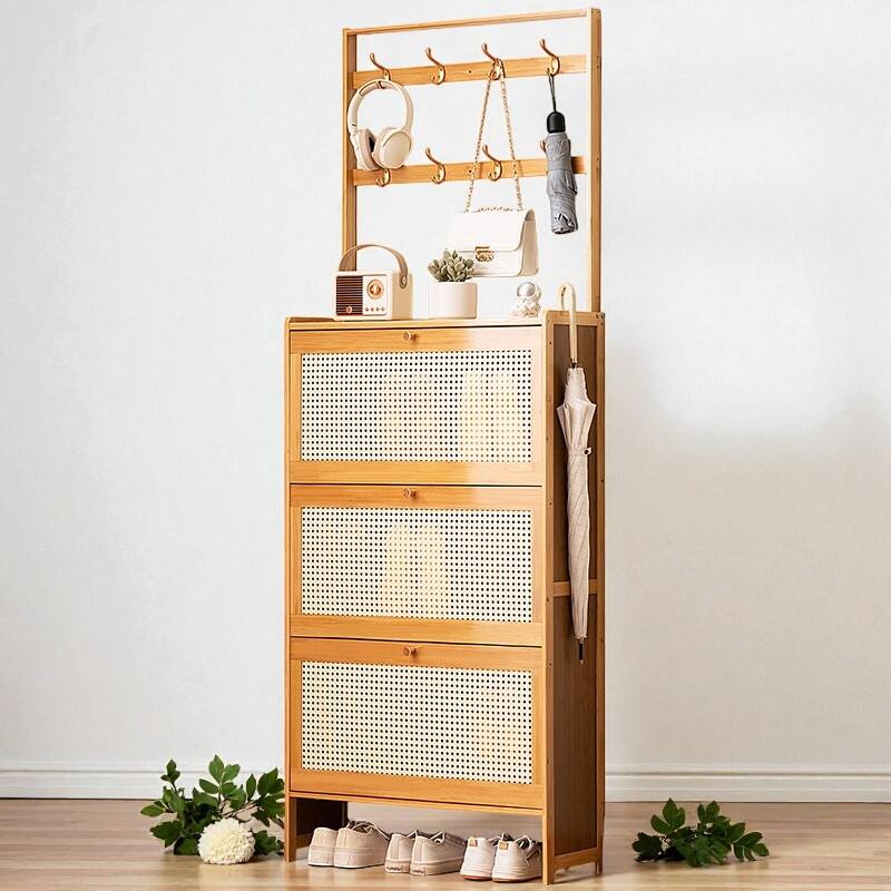 Modern Bamboo Shoe Cabinet with 3 Rattan Flip Drawers and Coat Hooks, Freestanding Shoe Storage for Entryway or Hallway