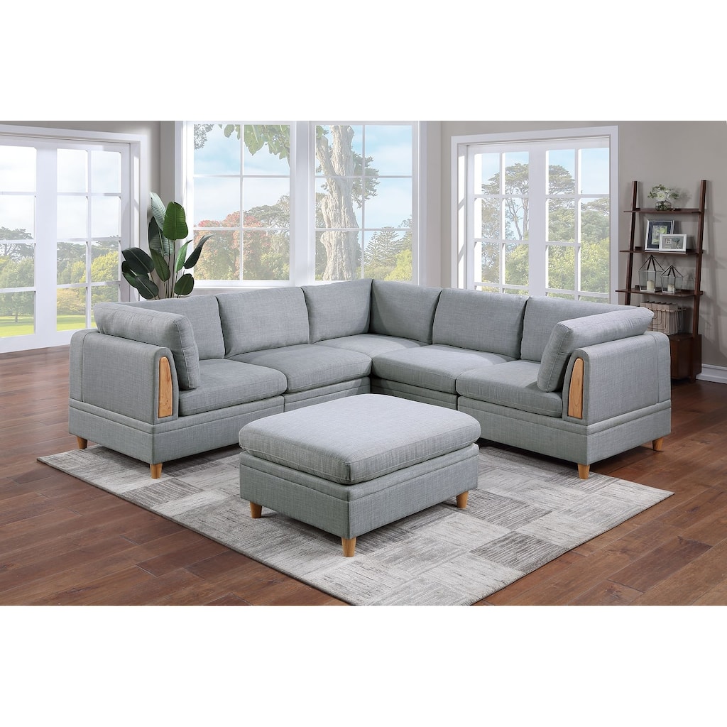 6pc Light Grey Fabric Modular Sofa Set - 3 Wedges, 2 Chairs, 1 Ottoman