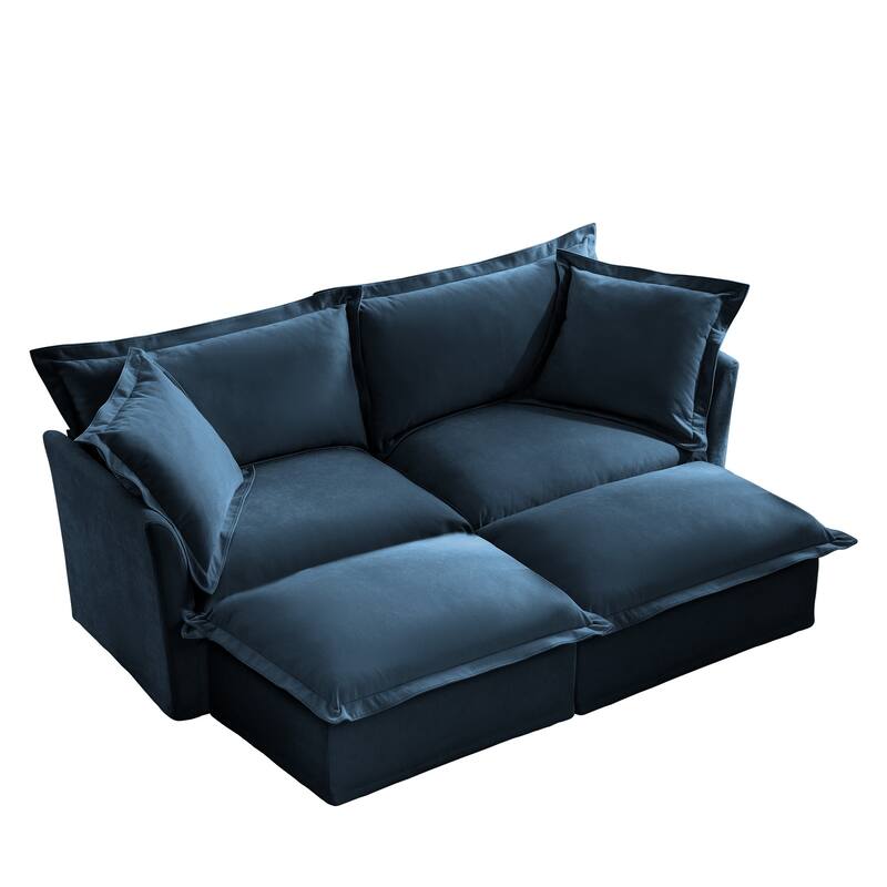 Modern 2 Seater Upholstered Sofa with 2 Ottomans and 2 Pillows