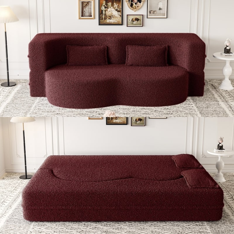 Modern Floor Sofa Bed, Teddy Fabric, 2 Pillows, 15" Fold Mattress